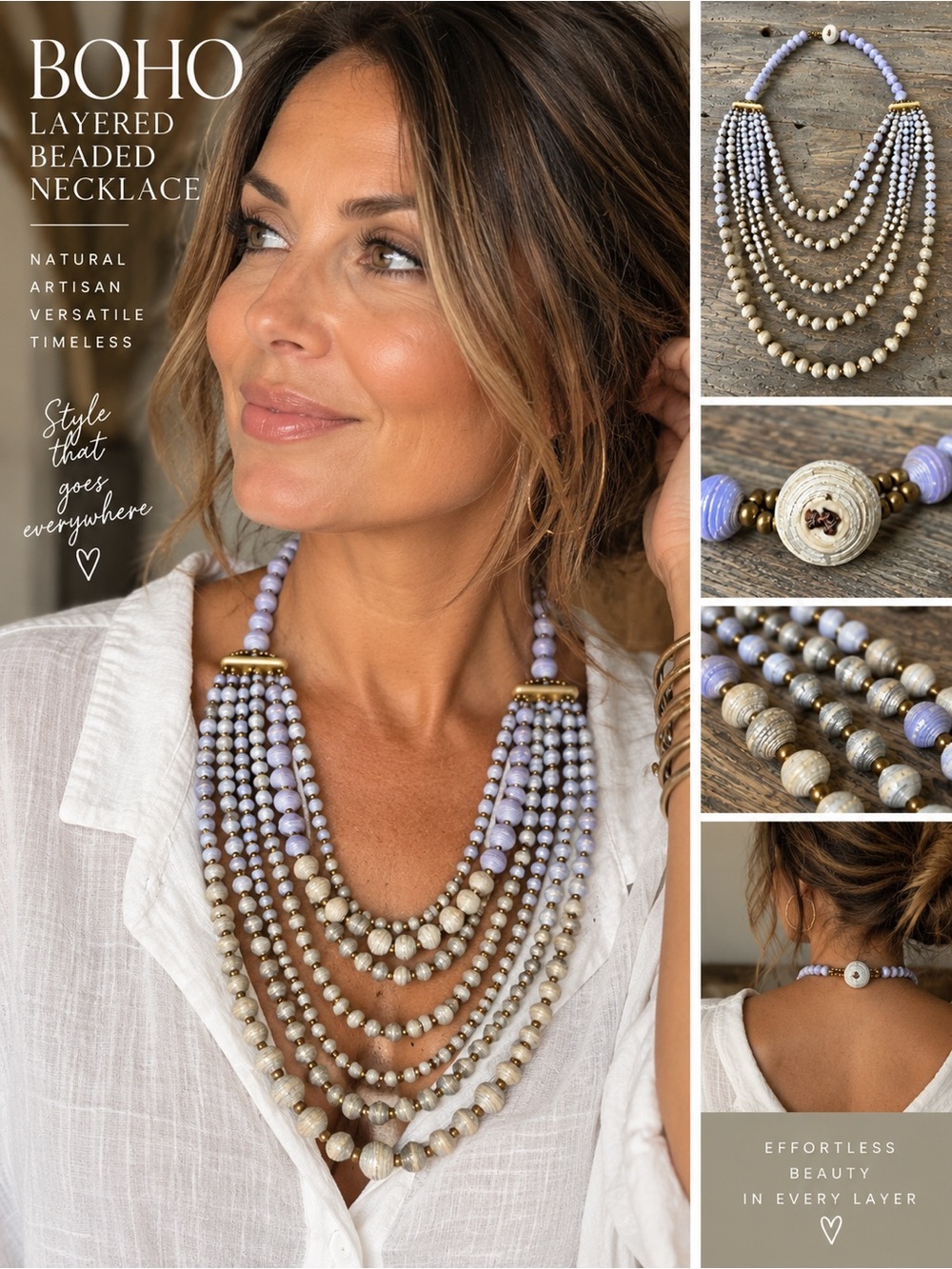 Boho Layered Beaded Necklace - Lavender and Natural Tones